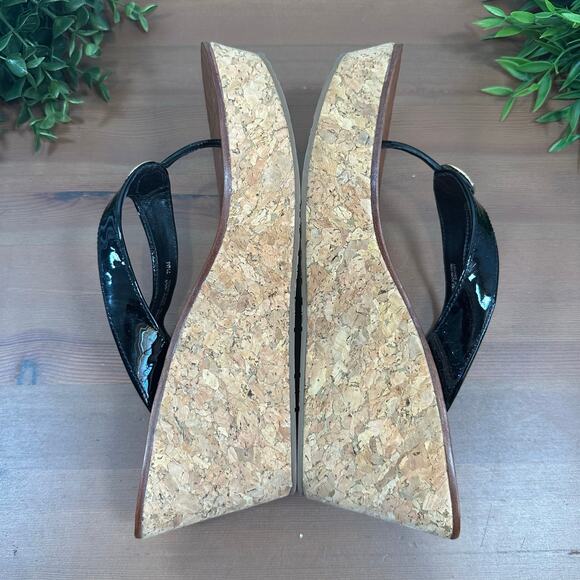 Tory Burch Women's Thora Black Patent Leather Wedge Sandals Size 7.5 - Picture 6 of 9